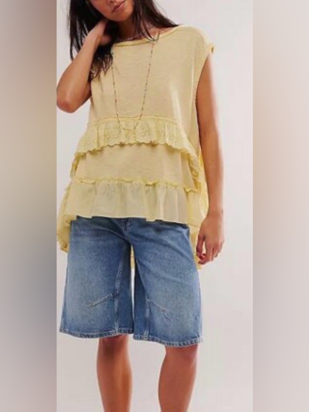 FREE PEOPLE NWTs Claire tee ruffled tiered eyelet top butter yellow small
